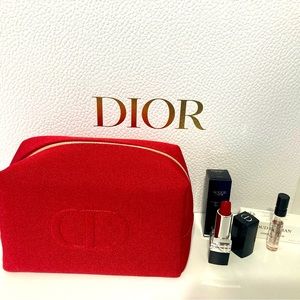 DIOR RED RECTANGULAR POUCH WITH ROUGE DIOR LIPSTICK AND OUD ISPAHAN SAMPLE